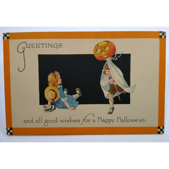 Antique Halloween Postcard Gibson Children Checkered Corners Unused Original - Picture 1 of 5